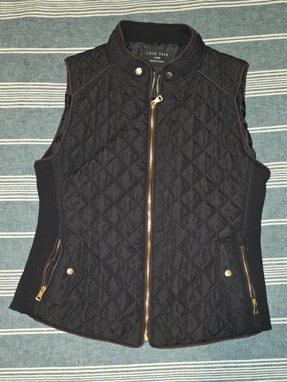 Love Tree Black Quilted Zip-Front Vest with Gold Hardware